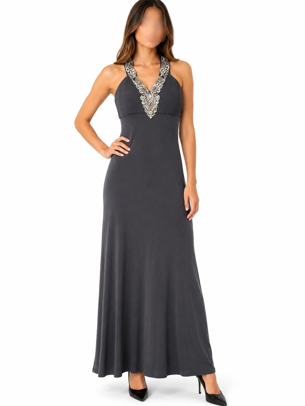 le chateau Charcoal Maxi Dress with Beaded Halter V-Neck